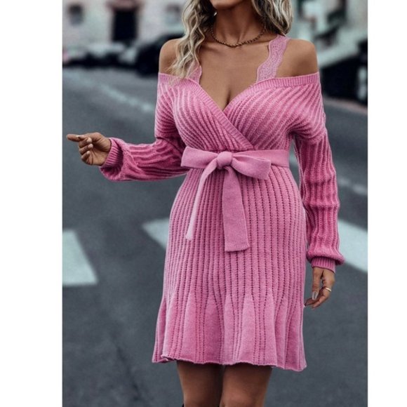 Lace Detailed Cold Shoulder Long sleeve Belted Sweater Dress Pink - Picture 7 of 9